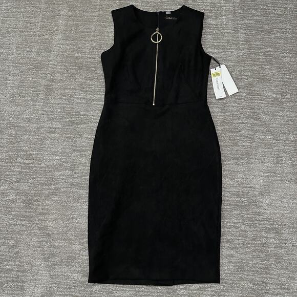 Calvin Klein Dress Womens 10 Black Zip Front Sheath Holiday Party Velvet Velour - Picture 1 of 13